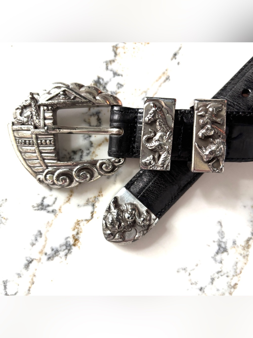 90s Y2K Brighton Statement belt Vintage Black Leather Silver Noahs Ark Large
